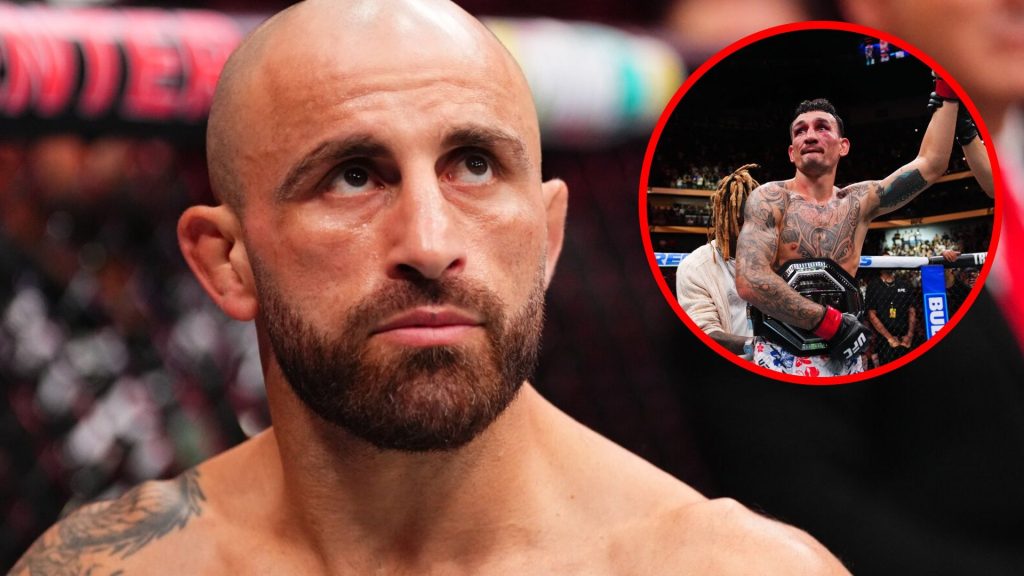 Alexander Volkanovski prepares to face Diego Lopes at UFC 314, inset Max Holloway gets the BMF belt wrapped around his waist after beating Dustin P...