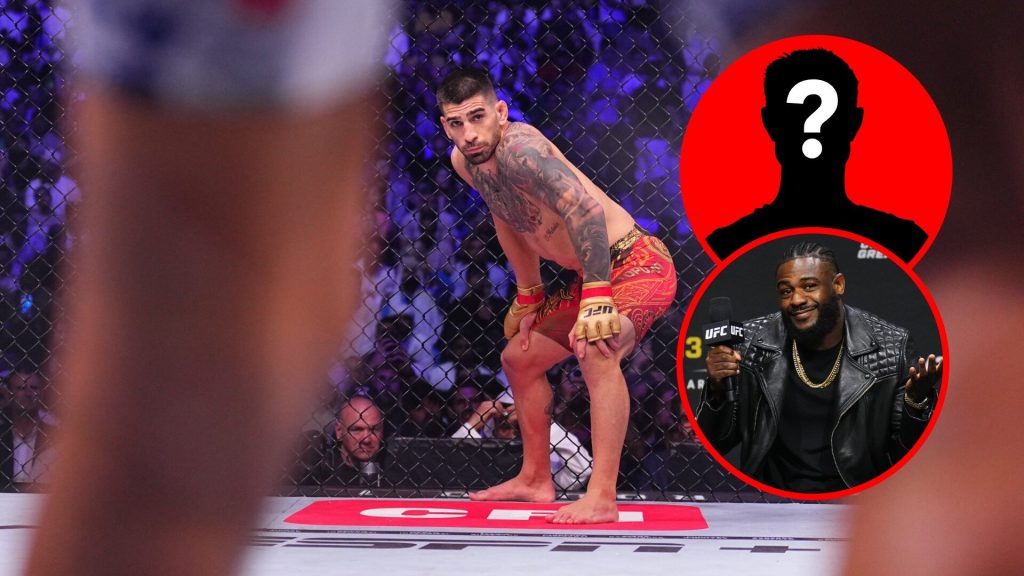 Ilia Topuria at UFC 308, with inset of Aljamain Sterling at UFC 300 Q&A, mystery inset