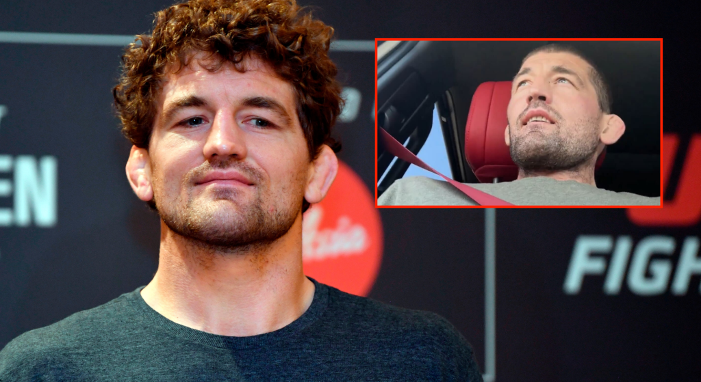 Ben Askren poses for pictures at UFC Singapore media day, inset Askren in a car