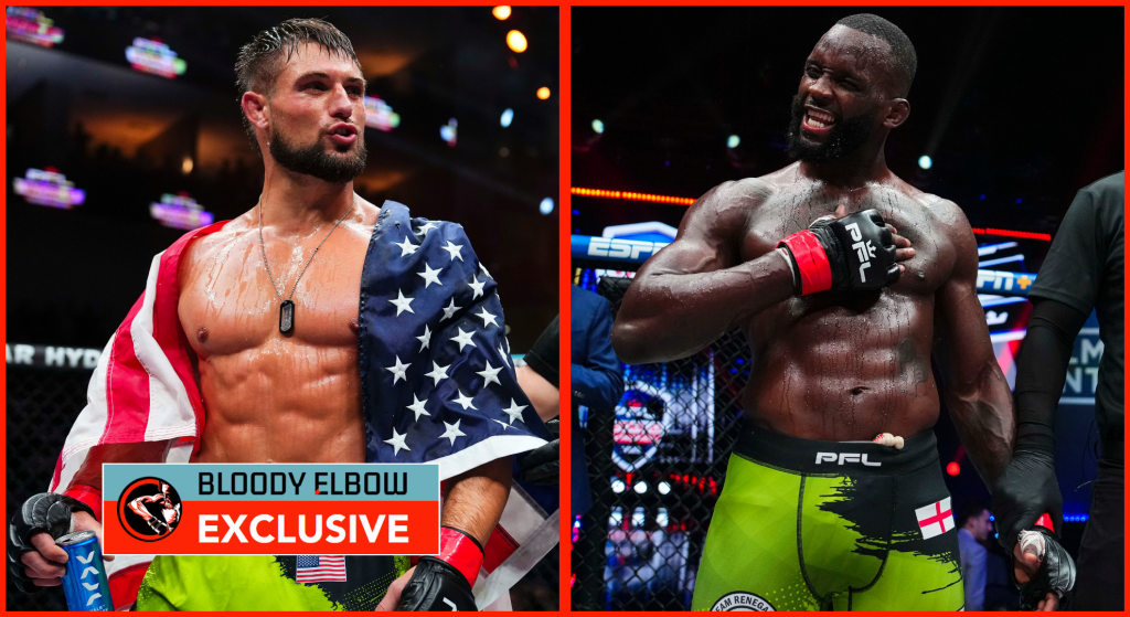 Dalton Rosta with a USA flag and Fabian Edwards holding his chest both celebrating their PFL wins