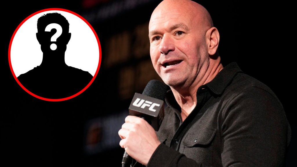 Dana White speaks on stage at the UFC 297 press conference, inset mystery icon
