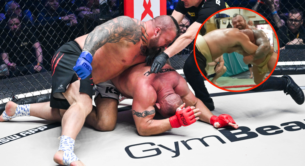 Eddie Hall hitting Mariusz Pudzianowksi with ground and pound (main), and doing sumo wrestling (bubble)