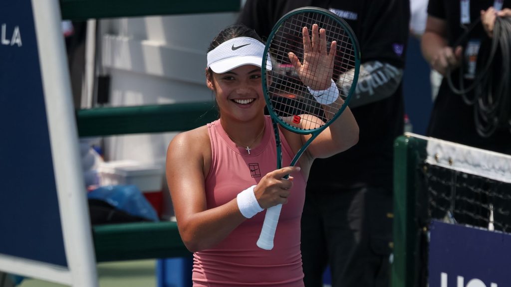 Emma Raducanu of the United Kingdom waves to fans after winning a women's singles match against Maria Sakkari of Greece on day 5 of the Muba