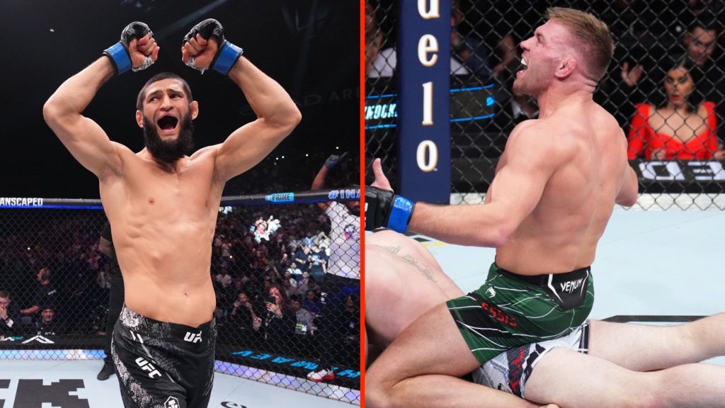 Khamzat Chimaev yelling following his win at UFC 294 split with Dricus Du Plessis on top of Darren Till during their UFC 282 fight