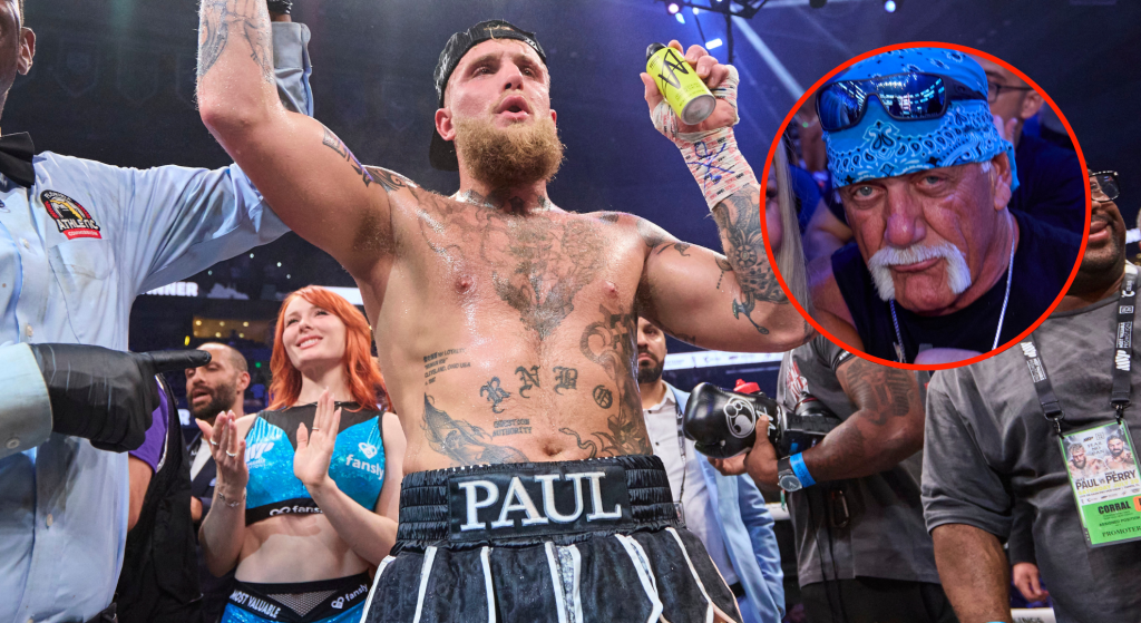 Main photo shows Jake Paul celebrating a boxing win while holding a bottle of W Deodorant. Bubble shows Hulk Hogan watching the fight at ringside