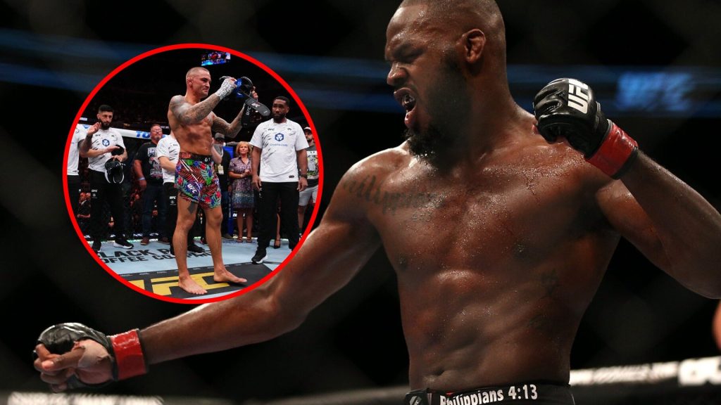 Main: Jon Jones celebrates after defeating Vitor Belfort at UFC 152. Inset: Dustin Poirier removes his gloves to retire after his loss to Max Hollo...