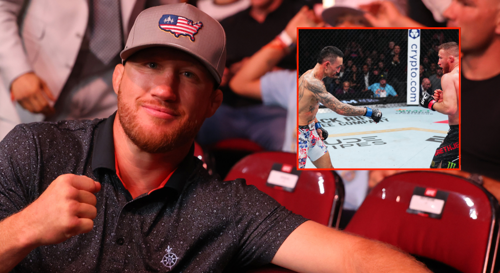 Justin Gaethje poses for a photo while sitting cageside at UFC 316, inset Max Holloway pointing to the ground during his fight with Gaethje at UFC 300