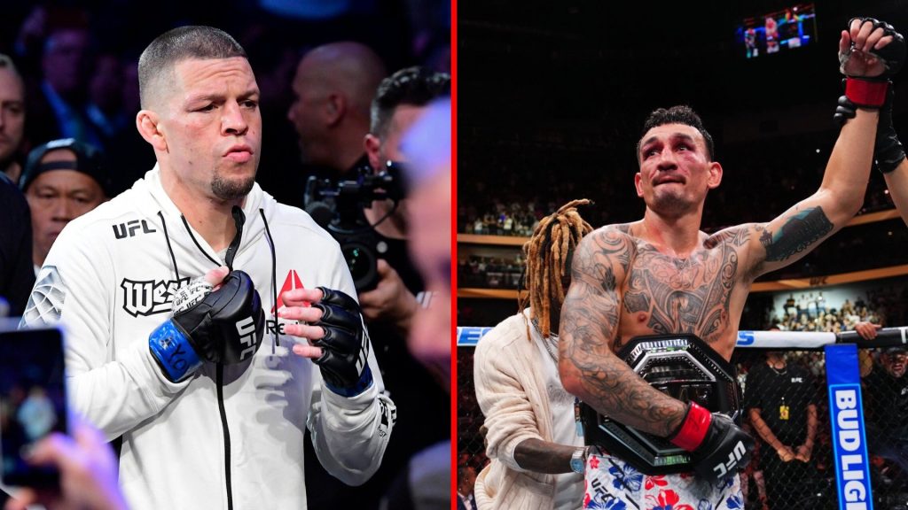 Split image of Nate Diaz walking out at UFC 244 and Max Holloway winning BMF title at UFC 318