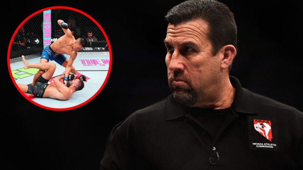 John McCarthy looks on during UFC 207 in Las Vegas, inset Steven Nguyen punches Mohammad Yahya at UFC Abu Dhabi