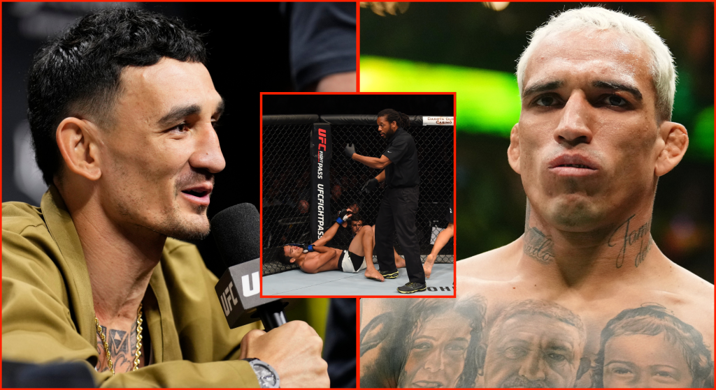 Max Holloway answers a question at the UFC 318 press conference, opposite Charles Oliveira entering the cage at UFC 317, inset Oliveira laying on t...