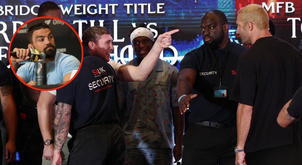 Darren Till and Luke Rockhold are separated during the Misfits Boxing 22 press conference, inset Mike Perry at the BKFC 41 press conference