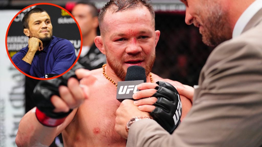 Petr Yan talks to Michael Bisping following his UFC Abu Dhabi win with an inset of Umar Nurmagomedov at the UFC 311 press conference