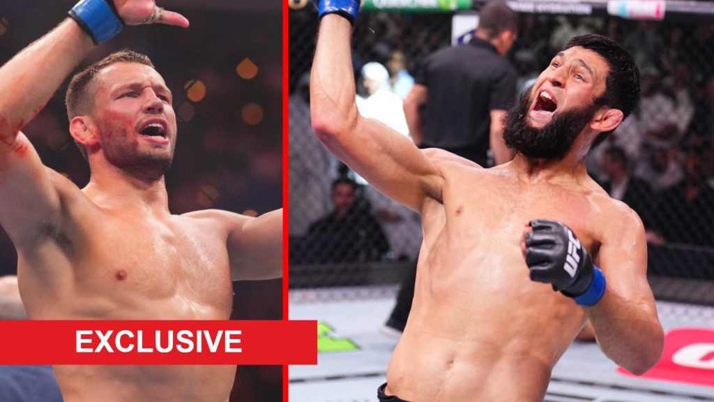 Reinier de Ridder celebrates after beating Kevin Holland at UFC 311, Khamzat Chimaev celebrates after beating Robert Whittaker at UFC 308, inset ex...