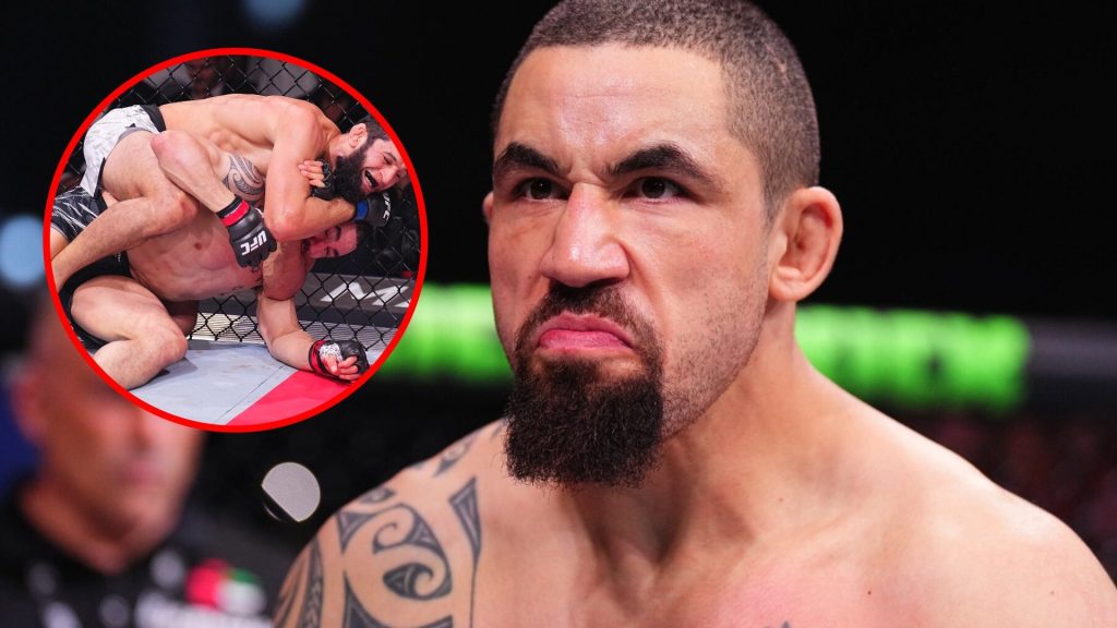 Main: Robert Whittaker scowls in the octagon before facing Khamzat Chimaev at UFC 308. Inset: Khamzat Chimaev locks in a face crank on Robert Whitt...