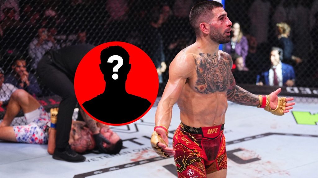 Ilia Topuria celebrating KO over Max Holloway at UFC 308, with mystery inset