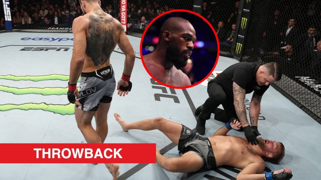 Main: Nikita Krylov knocks out Alexander Gustafsson during their fight at UFC London in 2022. Inset: Jon Jones inside the cage for his fight agains...