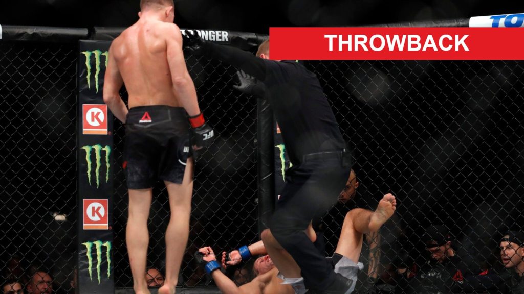 Petr Yan stands over Urijah Faber as their UFC 245 fight is stopped, inset throwback banner
