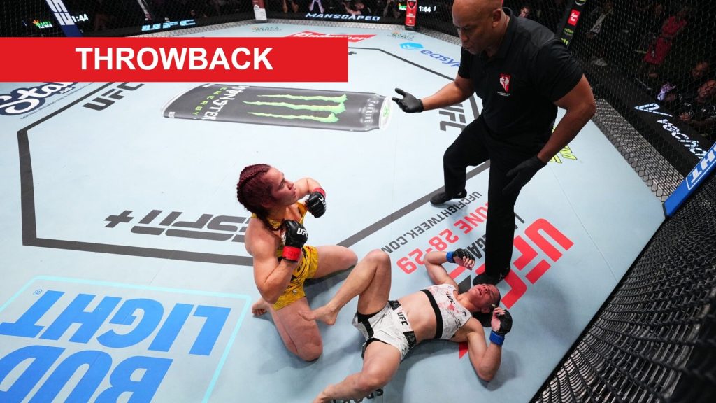 Piera Rodriguez questions referee Mark Smith after headbutting Ariane Carnelossi, inset throwback banner