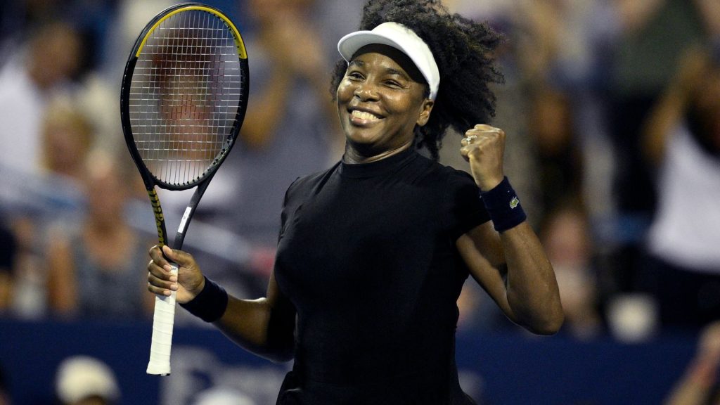 Venus Williams celebrates her win over Peyton Stearns during a match at the Citi Open tennis tournament Tuesday, July 22, 2025, in Washington. (AP Photo/Nick Wass)