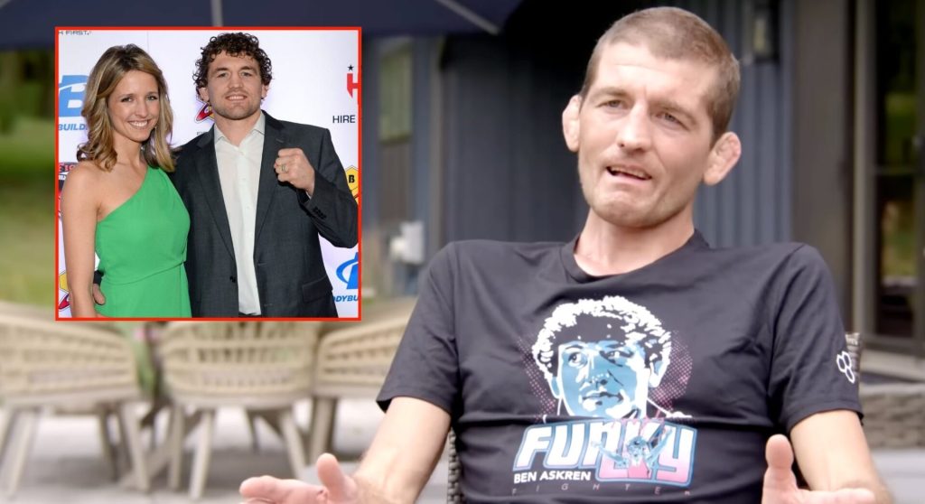 Ben Askren fights back tears during an interview, inset of him and his wife at the 2014 MMA awards