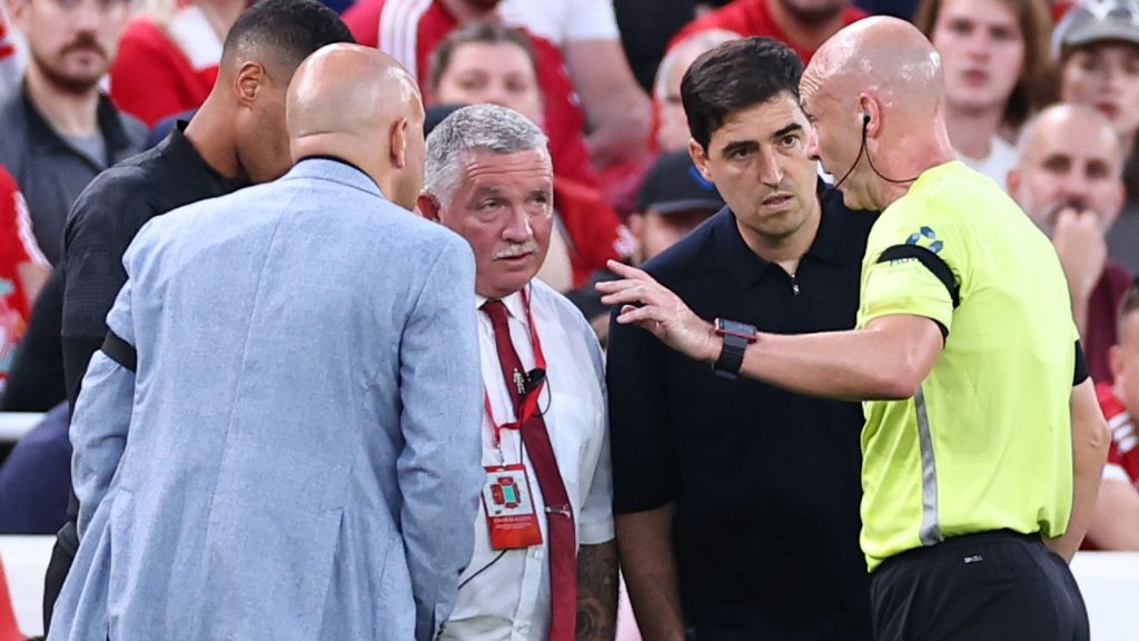 Referee Anthony Taylor speaks to Bournemouth boss Andoni Iraola (left) and Arne Slot (right) after Antoine Semenyo reported racist abuse