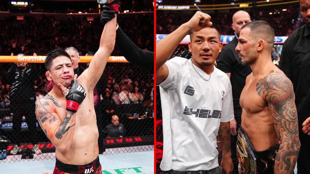 Split image of Brandon Moreno getting his hand raised at UFC Edmonton, Alexandre Pantoja faces Joshua Van at UFC 317