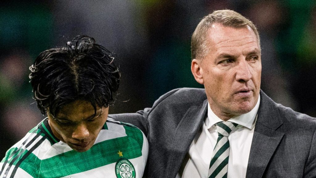Celtic 0 – 0 K Almaty Celtic manager Brendan Rodgers (R) and Reo Hatate at full time