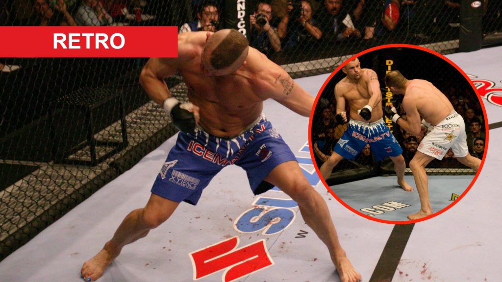 Chuck Liddell celebrates his win over Randy Couture and Chuck Liddell throws a punch at Randy Couture in their rematch