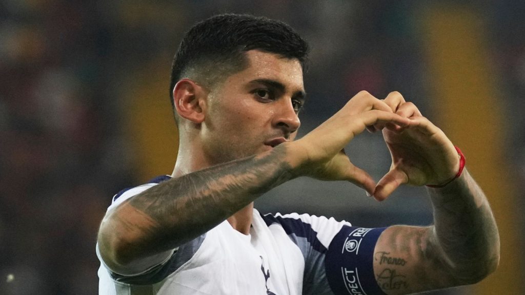Tottenham's Cristian Romero celebrates after scoring his side's second goal during the UEFA Super Cup soccer match between PSG and Tottenham