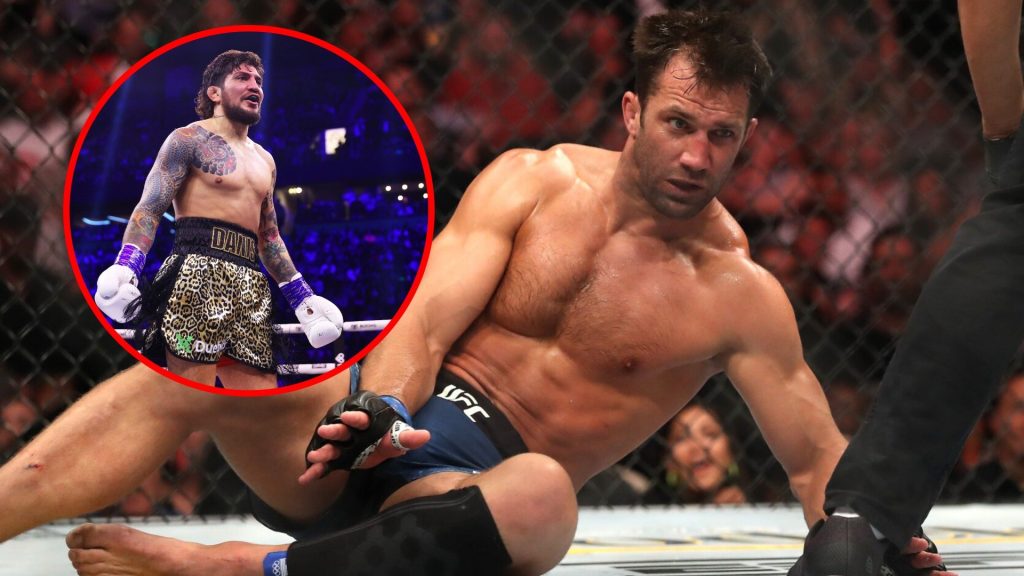 Main: Luke Rockhold after being knocked out by Jan Blachowicz during their fight at UFC 239. Inset: Dillon Danis inside the ring during his pro box...