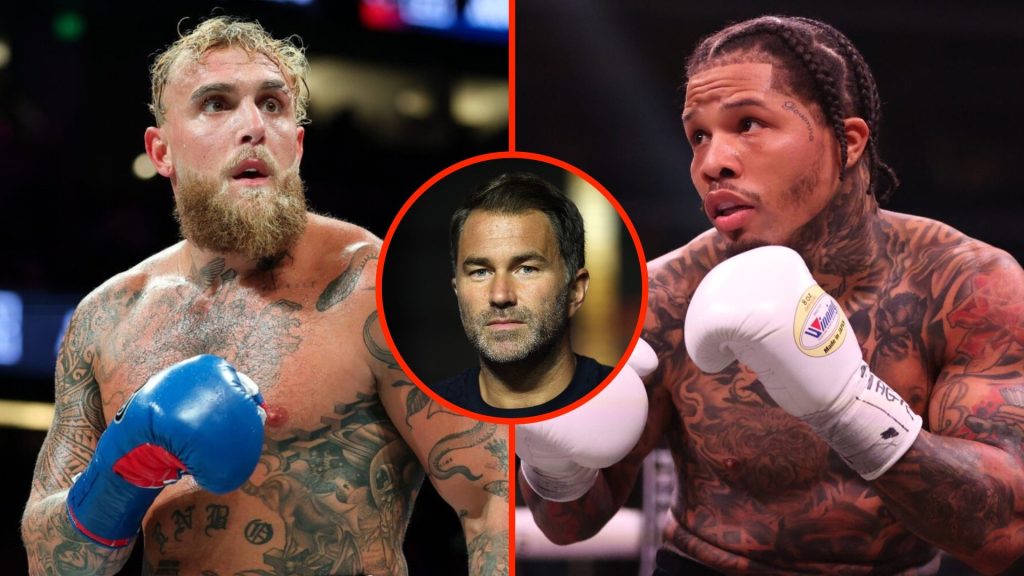 Jake Paul during his fight against Julio Cesar Chavez Jr split with Gervonta Davis during his fight against Hector Garcia with an inset of Eddie He...