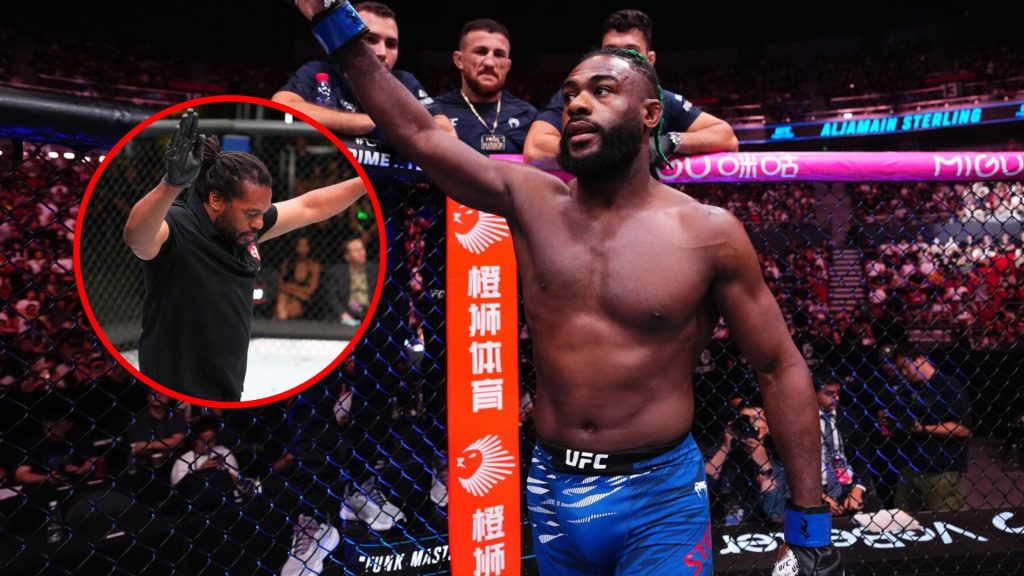 Fans call for ‘Aljo and Merab hater’ Herb Dean to be suspended after controversial refereeing at UFC Shanghai Main: Aljamain Sterling in the cage ahead of his fight against Brian Ortega at UFC Shanghai. Inset: Herb Dean waves off the fight between Cory Sand...