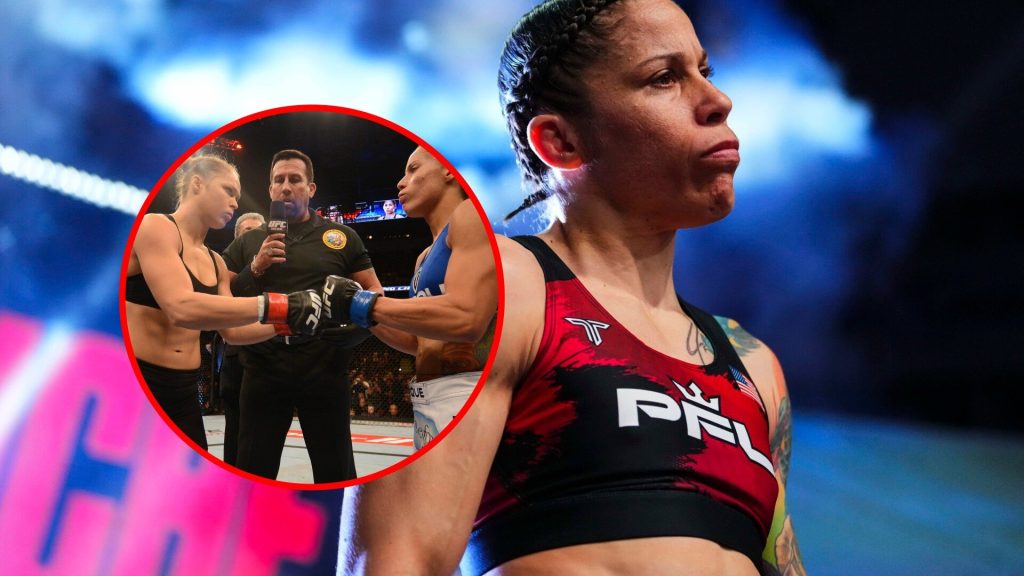 Liz Carmouche at PFL World Tournament, inset of Ronda Rousey facing off with Liz Carmouche at UFC 157