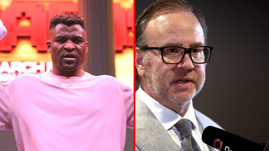 Split image of Francis Ngannou at boxing event and Donn Davis speaking to the media