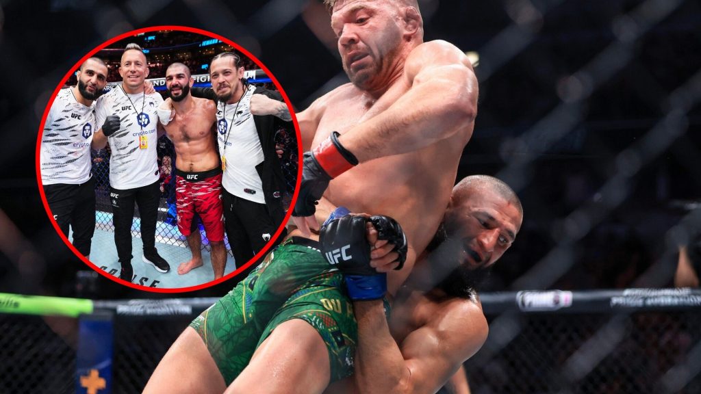Main: Khamzat Chimaev lifts and throws Dricus du Plessis during their title fight at UFC 319. Inset: Aiemann Zahabi poses for a photo with Georges ...
