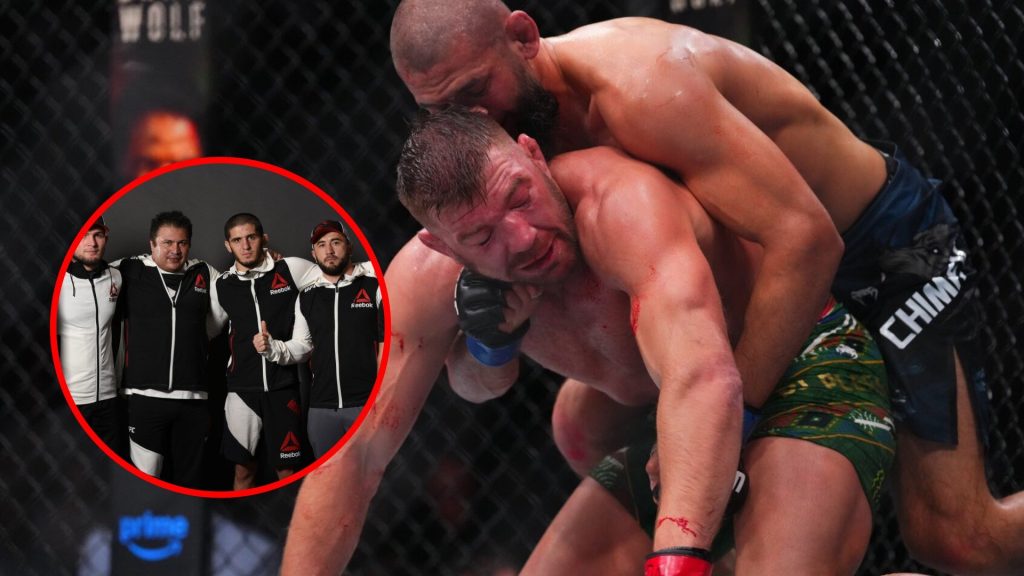 Main: Khamzat Chimaev grapples Dricus du Plessis during their title fight at UFC 319. Inset: Islam Makhachev poses with his team backstage followin...