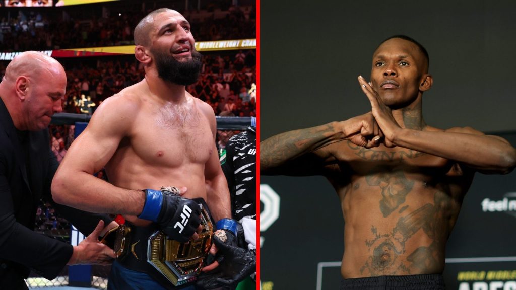 Split image of Khamzat Chimaev with UFC belt at UFC 319, Israel Adesanya at UFC 293 weigh-ins