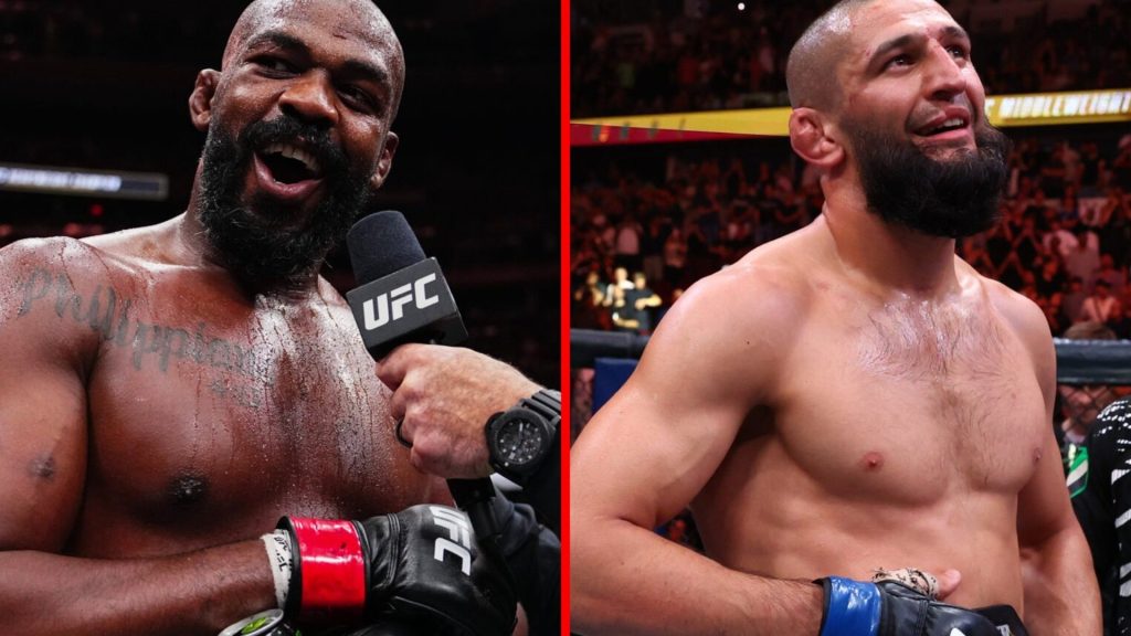 Jon Jones and Khamzat Chimaev celebrate their respective wins at UFC 309 and UFC 319