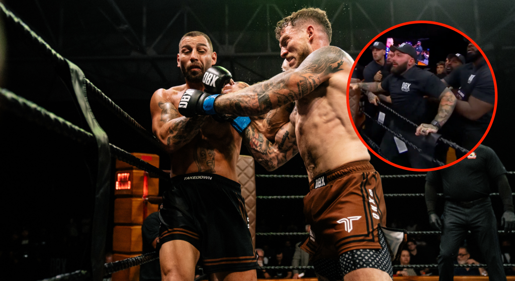 Dustin Bailey punches Sean Hotusing in their Dirty Boxing fight, while bubble shows security swarming the ring