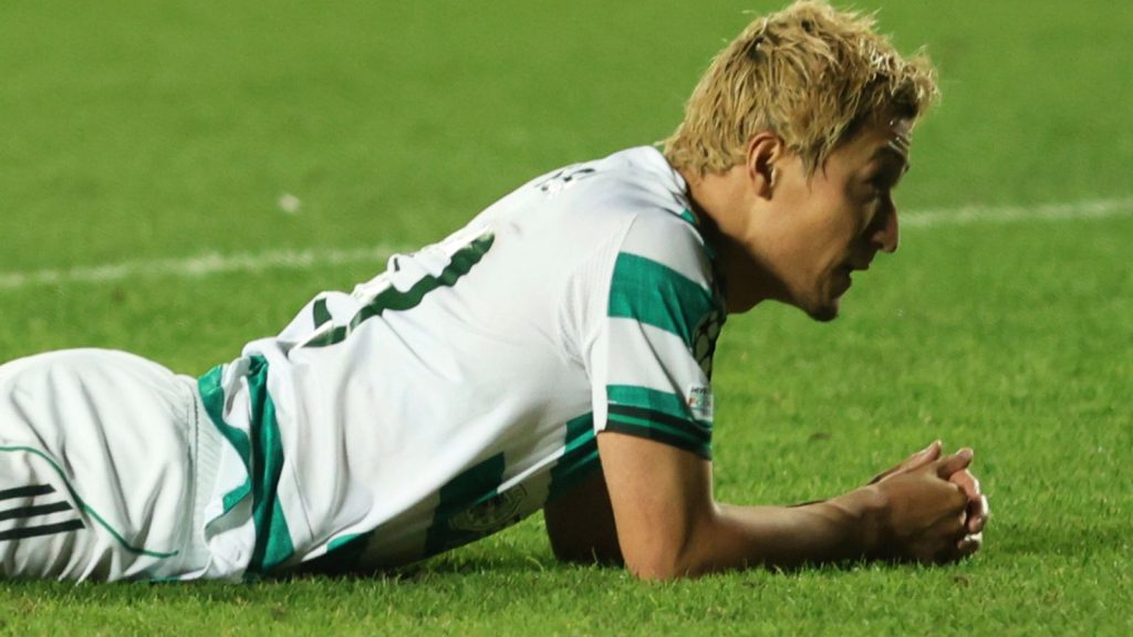 K Almaty 0 – 0 Celtic Celtic's Daizen Maeda lies on the grass after failing to score against Kairat Almaty