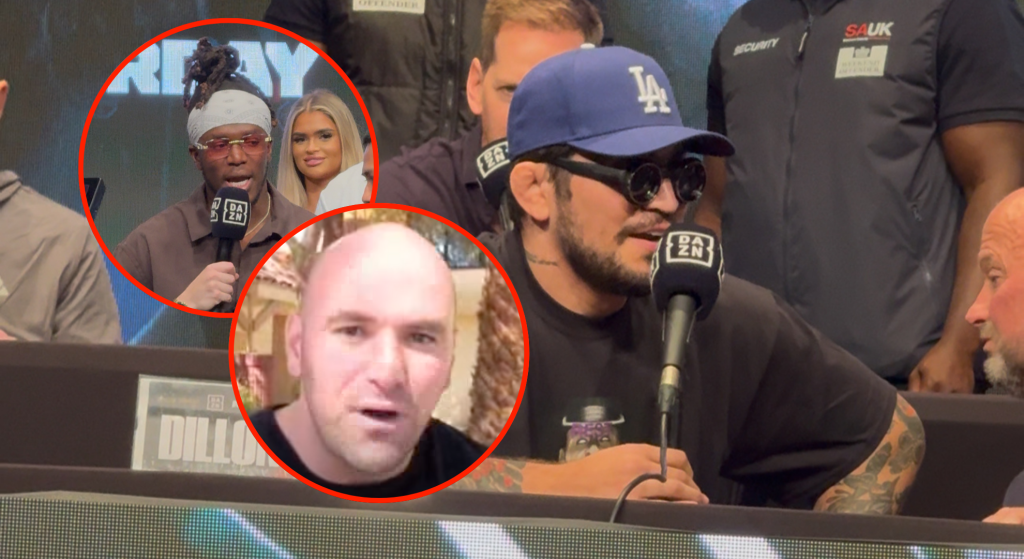 Main photo shows Dillon Danis at a press conference. Bubbles show KSI (top) and a young Dana White (bottom)