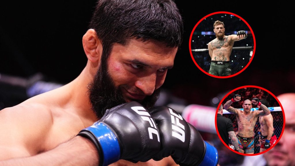 Main: Khamzat Chimaev reacts during his fighter introduction at UFC 308. Top Inset: Conor McGregor in the cage ahead of fighting Khabib Nurmagomedo...