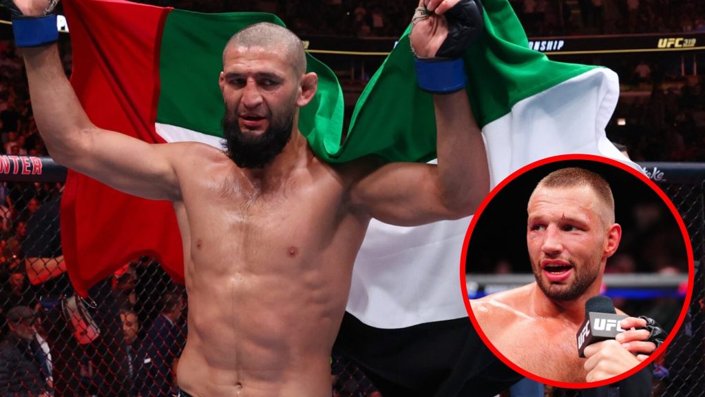 Khamzat Chimaev celebrates with a United Arab Emirates flag at UFC 319, inset Reinier de Ridder speaks after beating Robert Whittaker in Abu Dhabi