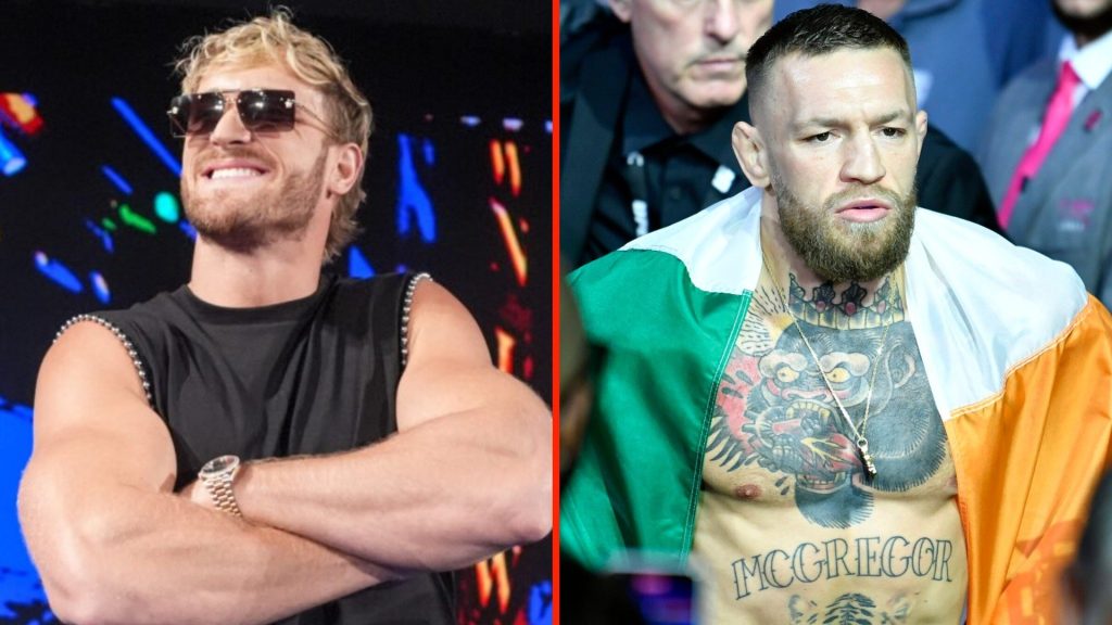 Logan Paul smiles on the ramp as he makes his entrance in Dublin for WWE Smackdown and Conor McGregor walks to the Octagon for his trilogy fight wi...
