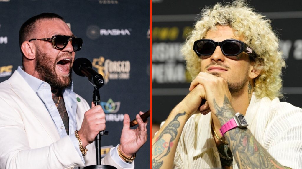 Conor McGregor shouting into the mic at BKFC press conference split with Sean O'Malley at the UFC 316 press conference