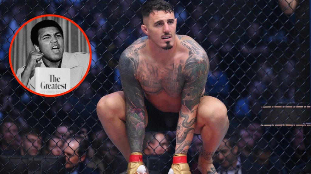 Tom Aspinall moments before his UFC 304 fight against Curtis Blaydes with an inset of Muhammad Ali