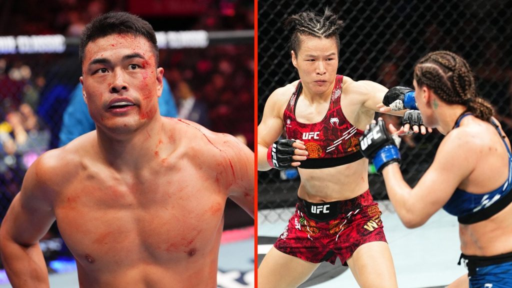 Zhang Weili punches Tatiana Suarez at UFC 312 and Zhang Mingyang stands with his hands on his hips and covered in blood
