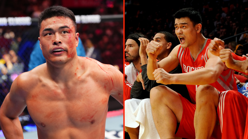 UFC Shanghai star hilariously says people mistake him for NBA legend who’s one foot taller Split image of Zhang Mingyang at UFC Kansas City,