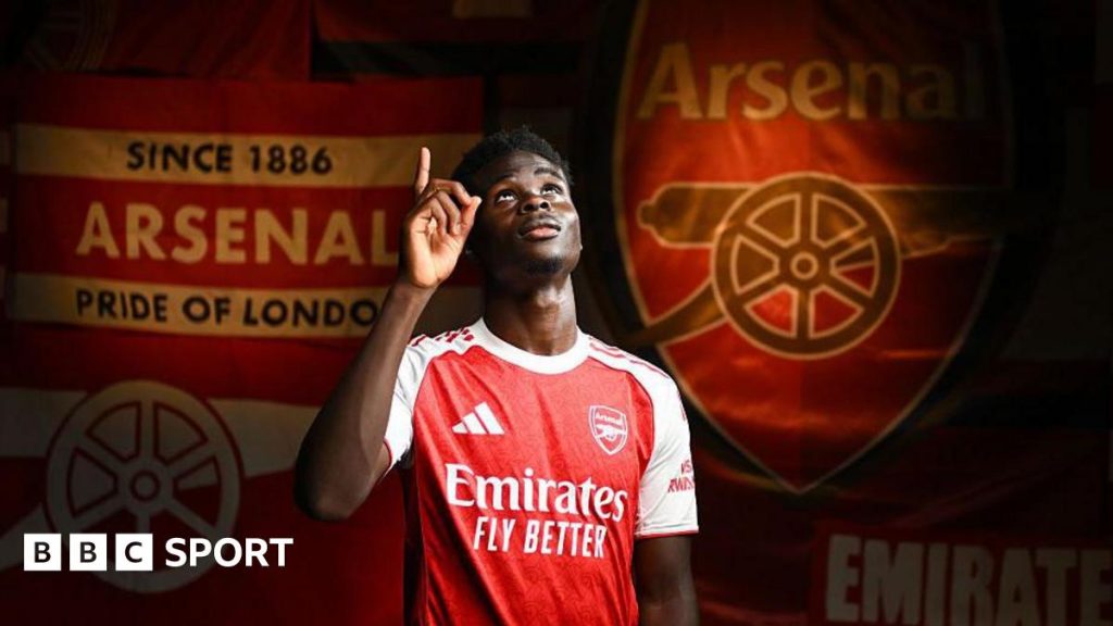 A graphic of Bukayo Saka in an Arsenal shirt