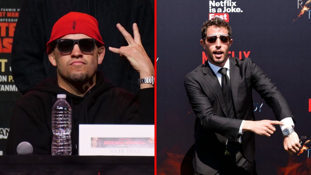 Split image of Nate Diaz at boxing press conference, Tony Hinchcliffe at the Roast of Tom Brady
